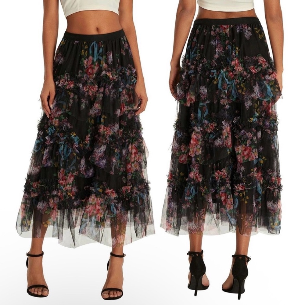 Amazon Black Floral Retro Tulle Tiered Pull On A Line Mesh Flowy Swing Skirt OS